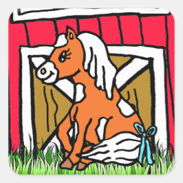 Adesivo Quadrado Adorável Pequeno Cavalo Castanho Pôneo Marrom