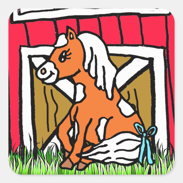 Adesivo Quadrado Adorável Pequeno Cavalo Castanho Pôneo Marrom (Frente)