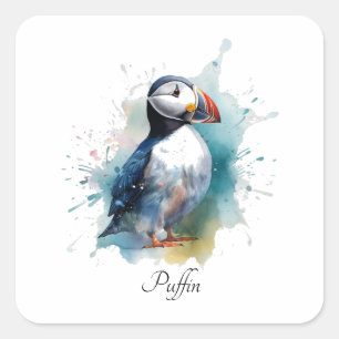 Adesivo Quadrado Adorável Puffin Aquarela, personalizado
