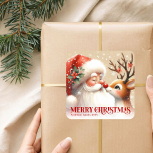 Adesivo Quadrado Adorável Santa Rudolph Personalizado Feliz Natal