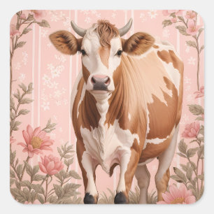 Adesivo Quadrado Adorável Vaca Jersey Floral Rosa