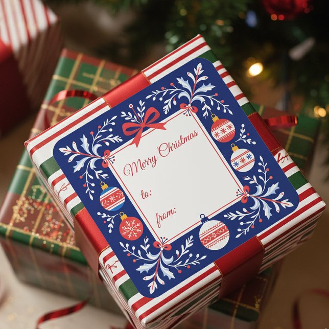 Adesivo Quadrado Adornos de Natal Folclóricos em Azul Marinho e Ver (Criador carregado)