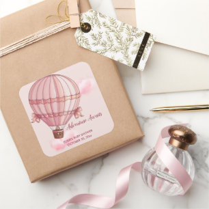Adesivo Quadrado Adventure aguarda Chá de fraldas rosa de balão de 