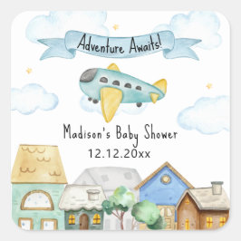 Adesivo Quadrado Adventure Awaits Aviator Airplane Baby Shower