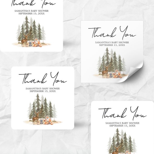 Adesivo Quadrado Adventure Begin Woodland Animal Chá de fraldas (Let the Adventure Begin Woodland Animals Baby Shower Sticker)