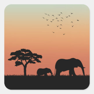 Adesivo Quadrado Afafricano Safari Sunset Elephant Silhouette
