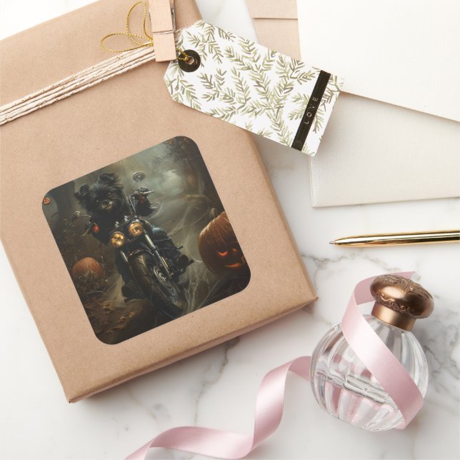 Adesivo Quadrado Affenpinscher Dirigindo A Motocicleta Assustando O (Presentear)