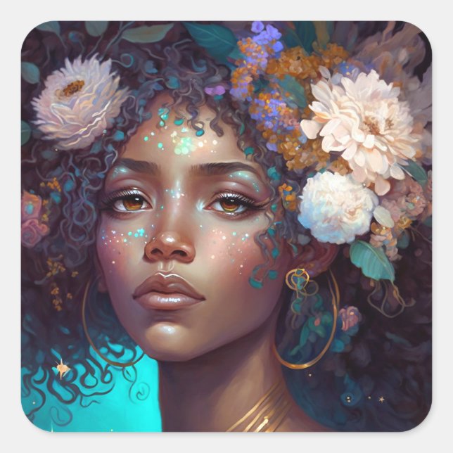 Adesivo Quadrado Afro-Americano Deusa Negra Rainha Fantasia Art S (Frente)