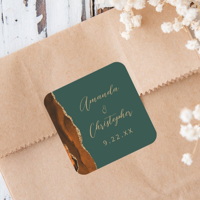 Adesivo Quadrado Ágata Laranja Queimada Dourado Script Verde Escuro (Criador carregado)