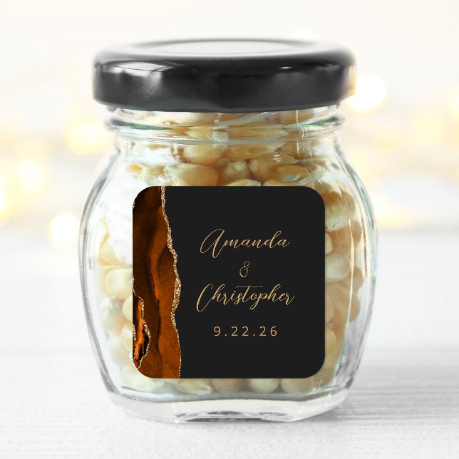 Adesivo Quadrado Agate Burnt Orange Dourado Script Dark Casamento (Criador carregado)