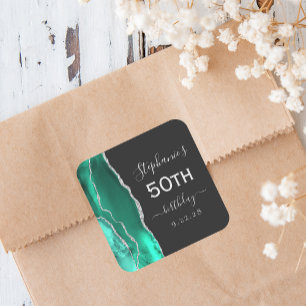 Adesivo Quadrado Agate Seafoam Verde Prata Escuro Aniversário de 50