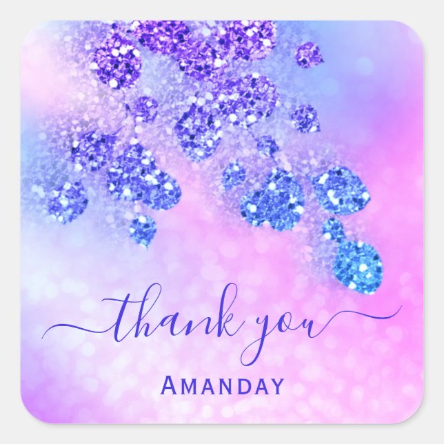 Adesivo Quadrado Agradecer Nome Holográfico Rosa Noiva Azul Cobalto (Frente)