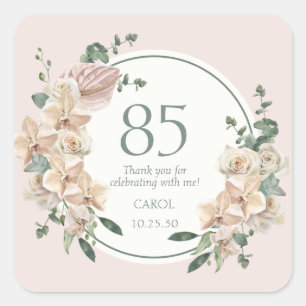 Adesivo Quadrado Agradecimento de Aniversário de 85 Anos com Flores