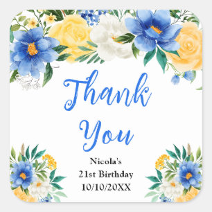 Adesivo Quadrado Agradecimento de Aniversário Floral Azul e Amarelo