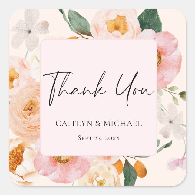 Adesivo Quadrado Agradecimento de Casamento Elegante com Flores Ros (Frente)