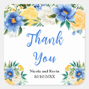 Adesivo Quadrado Agradecimento de Casamento Floral Azul e Amarelo