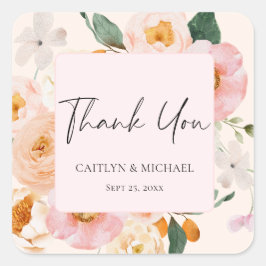 Adesivo Quadrado Agradecimento de casamento floral cor de rosa eleg