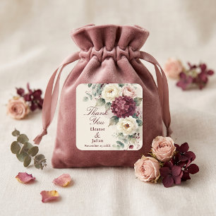 Adesivo Quadrado Agradecimento de Casamento Floral Rosa Borgonha Aq