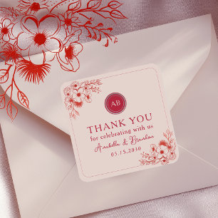 Adesivo Quadrado Agradecimento de Casamento Floral Rosa Vermelho