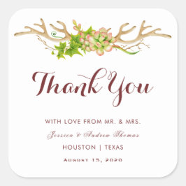 Adesivo Quadrado Agradecimento de Casamento Rustic Antlers & Wildfl