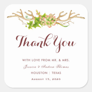 Adesivo Quadrado Agradecimento de Casamento Rustic Antlers & Wildfl