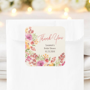 Adesivo Quadrado Agradecimento de Chá de Noiva Floral Pintado Boho