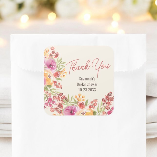Adesivo Quadrado Agradecimento de Chá de Noiva Floral Pintado Boho (Boho Painted Floral Bridal Shower Thank You Square Sticker)