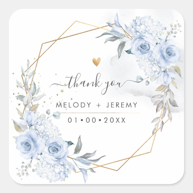 Adesivo Quadrado Agradecimento de Rosas Azul Poeira em Aquarela Ele (Frente)