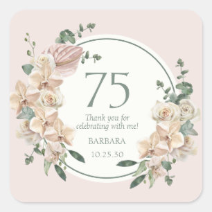 Adesivo Quadrado Agradecimento Floral Tropical de 75 Anos de Idade