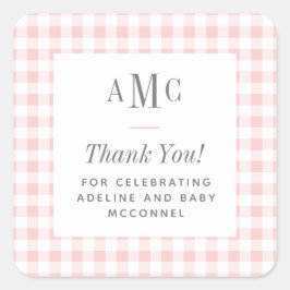 Adesivo Quadrado Agradecimento Monograma Xadrez Rosa e Branco