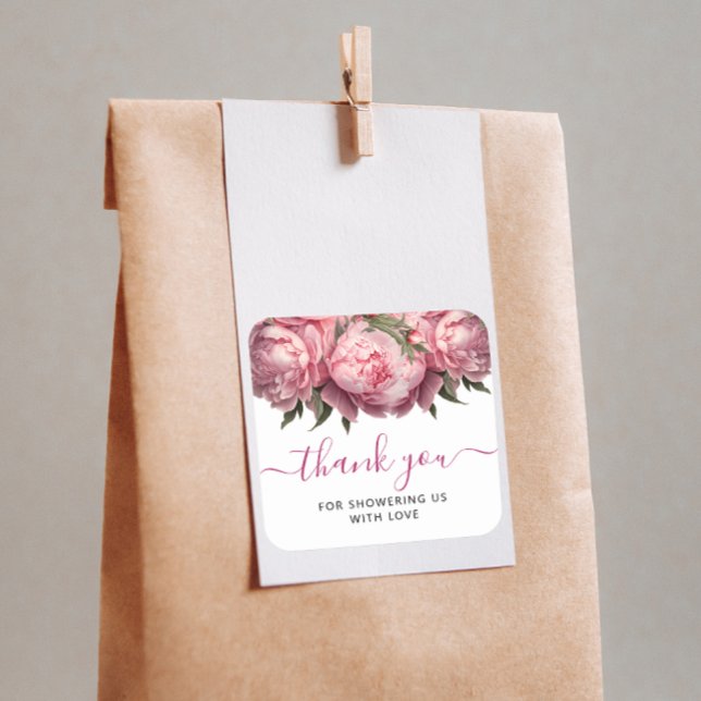 Adesivo Quadrado Agradecimento para Chá de Noiva Peônias Rosa (Pink Peonies Watercolor Bridal Shower Thank You Square Sticker)