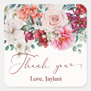 Adesivo Quadrado Agradecimento Peônia Boho Aguarela Floral