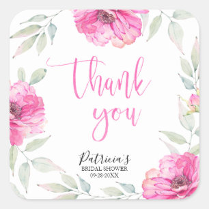 Adesivo Quadrado Agradecimento Rosa Floral Aquarela Chá de Noiva