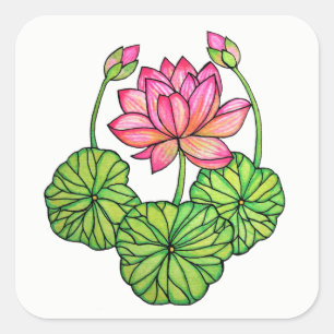 Adesivo Quadrado Aguarela Lotus cor-de-rosa com botões & folhas