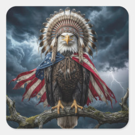 Adesivo Quadrado Águia-Careca Com Cape e Cocar de Bandeira American