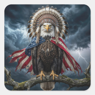 Adesivo Quadrado Águia-Careca Com Cape e Cocar de Bandeira American
