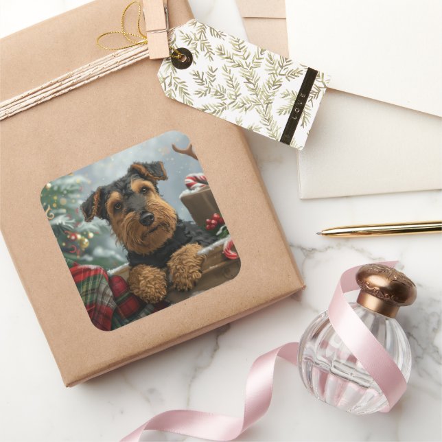 Adesivo Quadrado Airedale Dog Natal Festivo (Presentear)