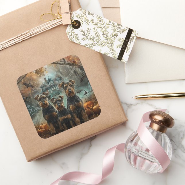 Adesivo Quadrado Airedale Halloween Night Doggy Delight (Presentear)