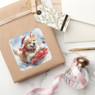 Adesivo Quadrado Akita Dog em Sledge Deixe-o nevar no Natal