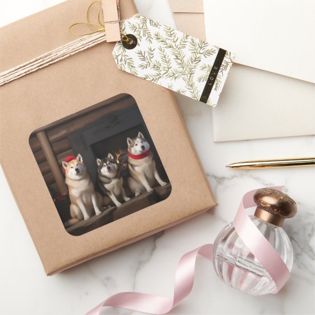 Adesivo Quadrado Akita no Natal da Lareira (Presentear)