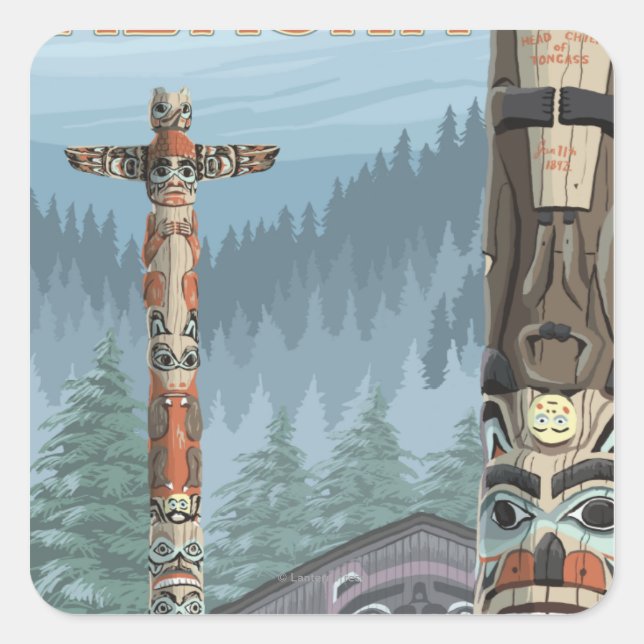 Adesivo Quadrado Alaska Totem Poles - Juneau, Alasca (Frente)