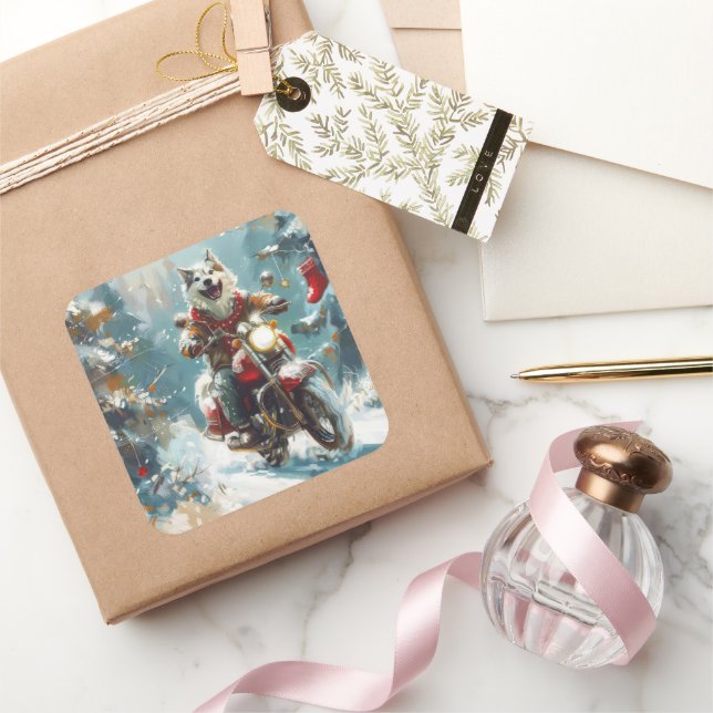 Adesivo Quadrado Alaskan Malamute Dog Dirigindo Motocicleta Natal (Presentear)