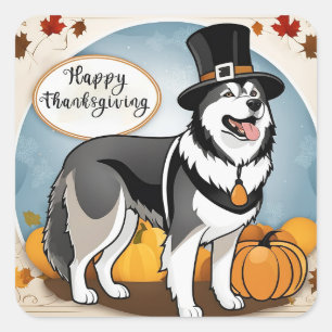 Adesivo Quadrado Alaskan Malamute Dog Pilgrim Feliz Ação de Graças