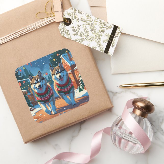 Adesivo Quadrado Alaskan Malamute Dogs Christmas Snow Holiday  (Presentear)