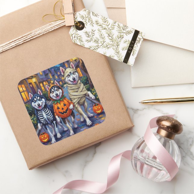 Adesivo Quadrado Alaskan Malamute Dogs Trick-or-Tratating Halloween (Presentear)