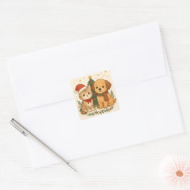 Adesivo Quadrado Alegria de Natal de Cachorrinho e Gatito
