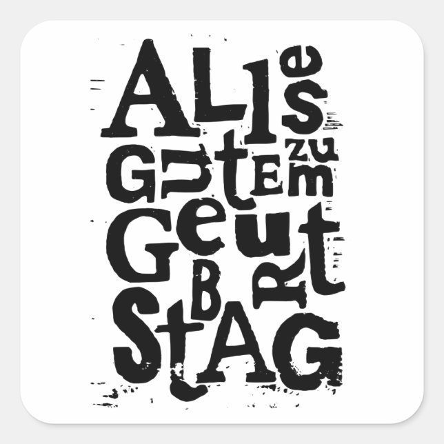 Adesivo Quadrado Alemão "Feliz Aniversário" Lino Impressão (Frente)