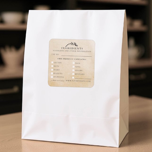 Adesivo Quadrado Alergênios de segurança de comida Produto Kraft de (product packaging sticker artisan business gift blackboard handmade homemade ingredients kraft)