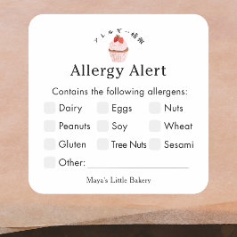 Adesivo Quadrado Alerta de Alergia à Padaria de Cupcake de Morango