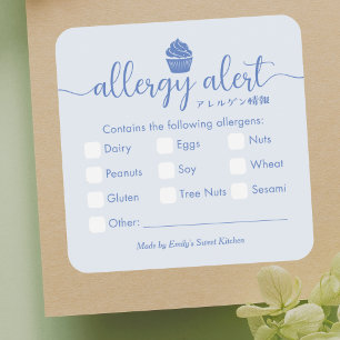 Adesivo Quadrado Alerta de Alergia Alimentar Cupcake Azul Minimalis